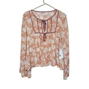 O'Reilly Blouse Women's Size XS Bell Sleeve Tan Mauve Oversized Cottagecore NWT
